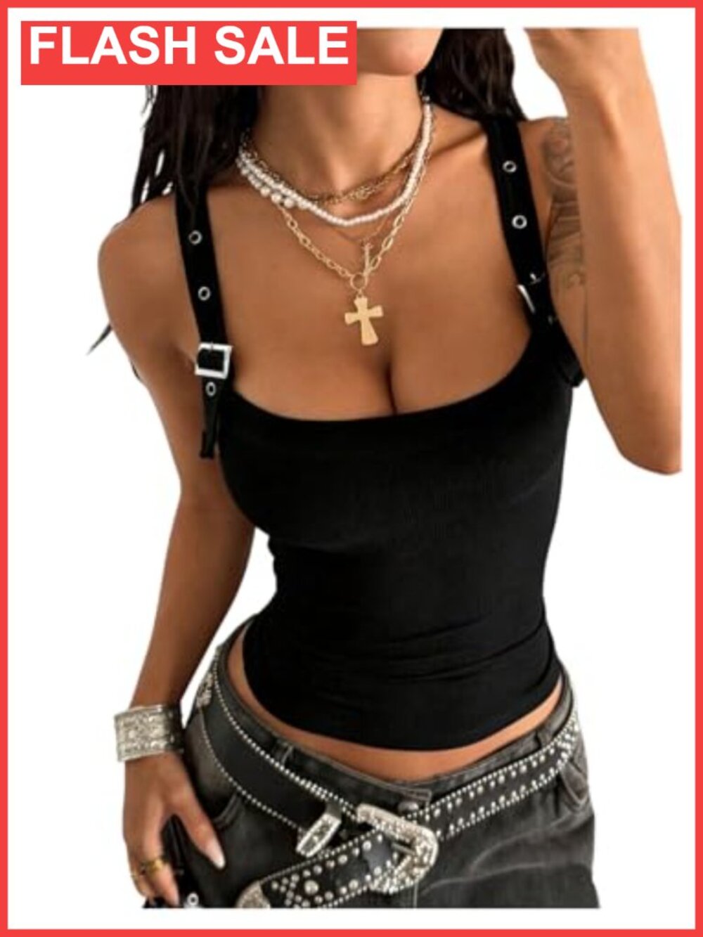 Y2K Buckle Tank Top Scoop Neck Sleeveless Slim Fit Summer Festival Top